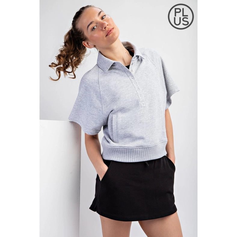 Plus Size French Terry Short Sleeve Top with Collar H Grey-TOP-Rae Mode-1X-Urbanheer