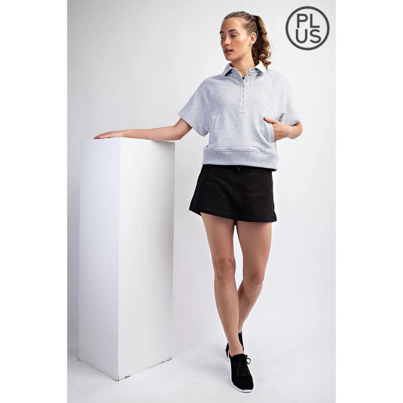 Plus Size French Terry Short Sleeve Top with Collar H Grey-TOP-Rae Mode-1X-Urbanheer