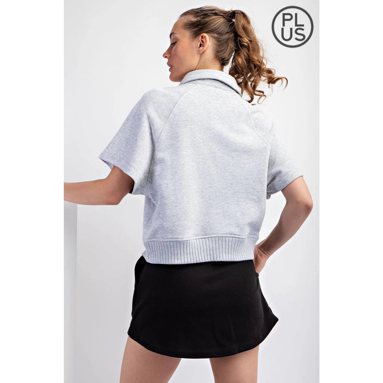 Plus Size French Terry Short Sleeve Top with Collar H Grey-TOP-Rae Mode-1X-Urbanheer