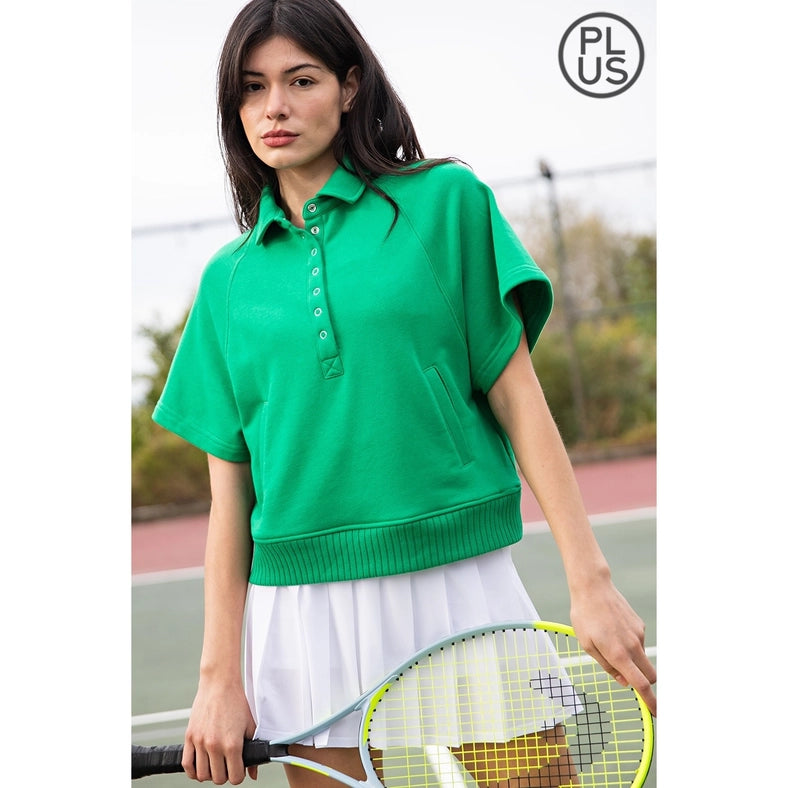 Plus Size French Terry Short Sleeve Top with Collar Kelly Green-TOP-Rae Mode-1X-Urbanheer