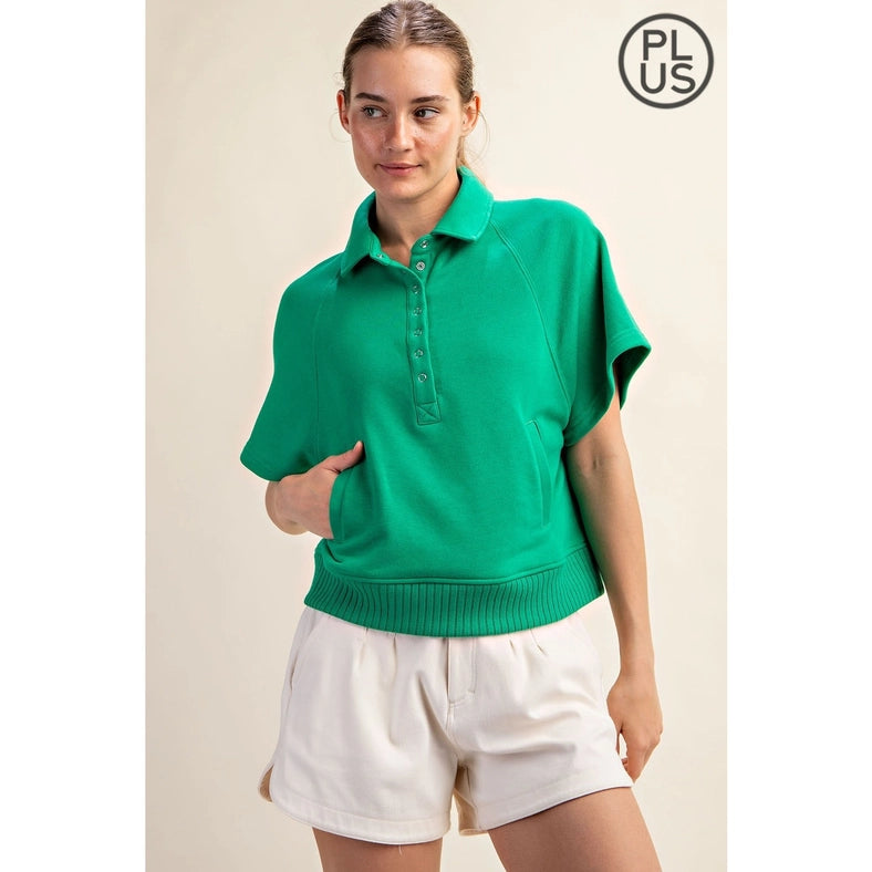 Plus Size French Terry Short Sleeve Top with Collar Kelly Green-TOP-Rae Mode-1X-Urbanheer