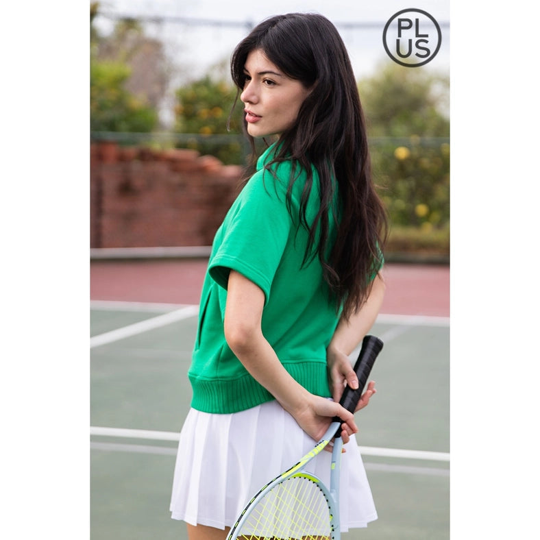 Plus Size French Terry Short Sleeve Top with Collar Kelly Green-TOP-Rae Mode-1X-Urbanheer