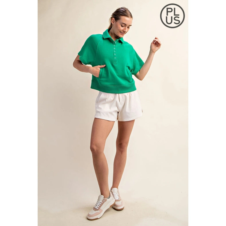 Plus Size French Terry Short Sleeve Top with Collar Kelly Green-TOP-Rae Mode-1X-Urbanheer