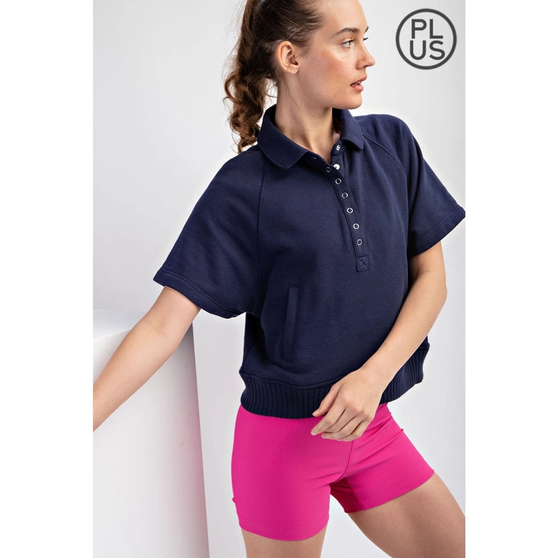 Plus Size French Terry Short Sleeve Top with Collar Navy-TOP-Rae Mode-1X-Urbanheer