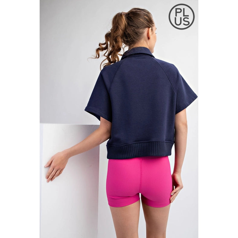 Plus Size French Terry Short Sleeve Top with Collar Navy-TOP-Rae Mode-1X-Urbanheer