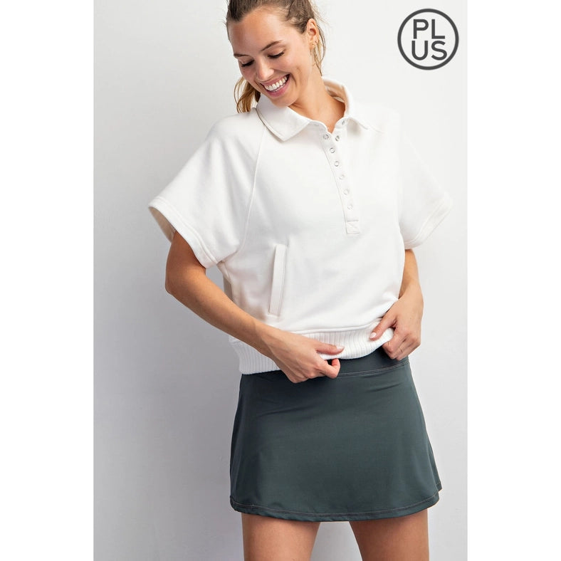 Plus Size French Terry Short Sleeve Top with Collar Off White-TOP-Rae Mode-1X-Urbanheer