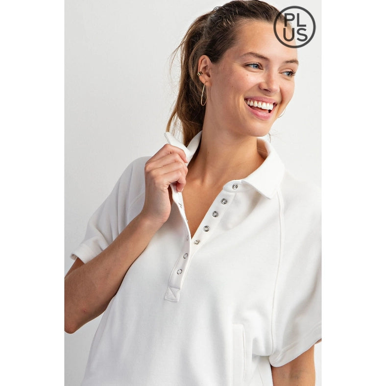 Plus Size French Terry Short Sleeve Top with Collar Off White-TOP-Rae Mode-1X-Urbanheer