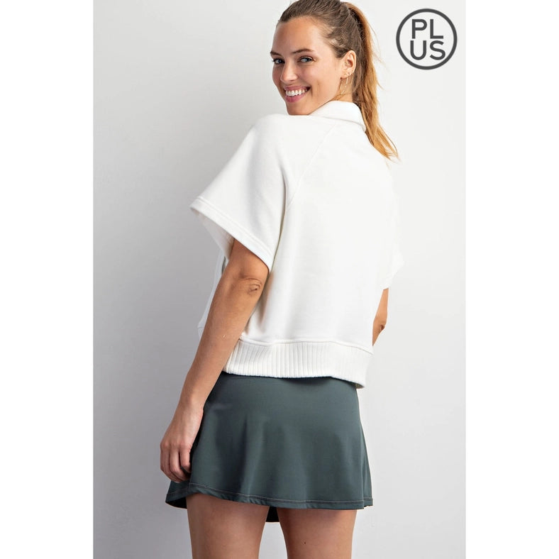 Plus Size French Terry Short Sleeve Top with Collar Off White-TOP-Rae Mode-1X-Urbanheer