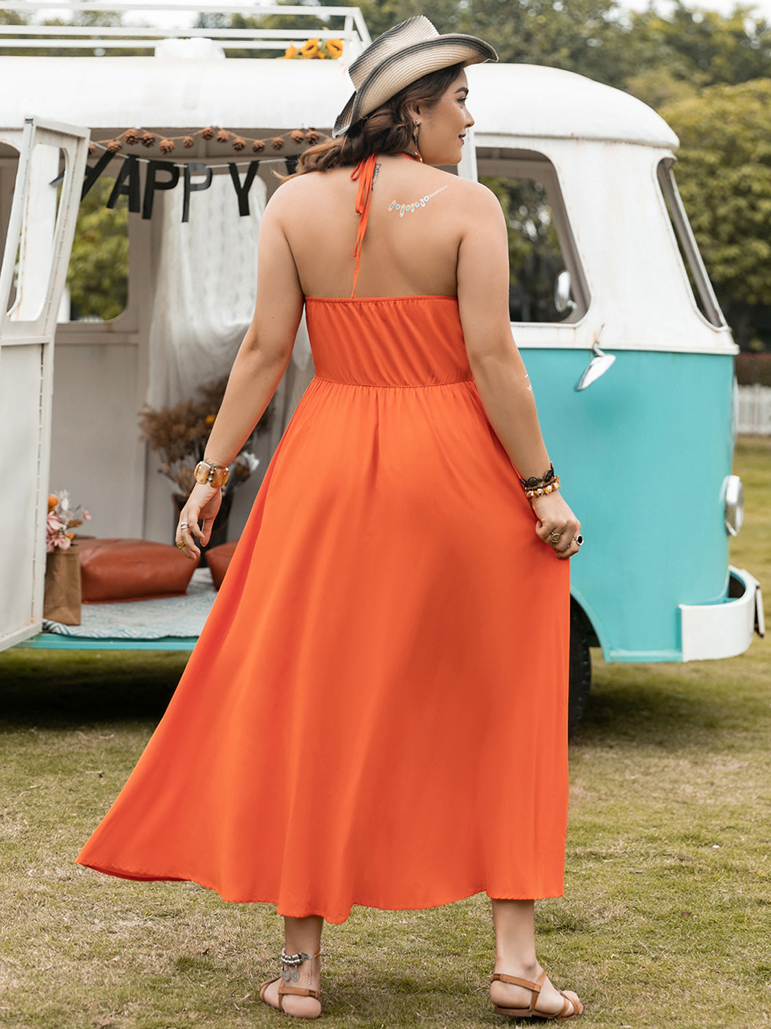 Plus Size Halter Neck Midi Dress-Street 360-Orange-0XL-Urbanheer