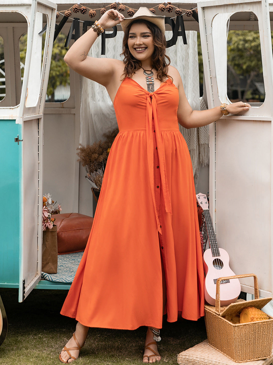 Plus Size Halter Neck Midi Dress-Street 360-Orange-0XL-Urbanheer
