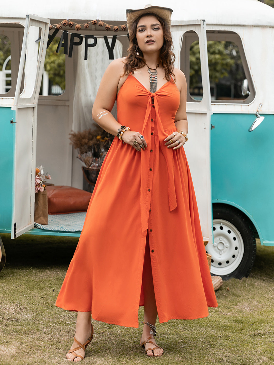 Plus Size Halter Neck Midi Dress-Street 360-Orange-0XL-Urbanheer
