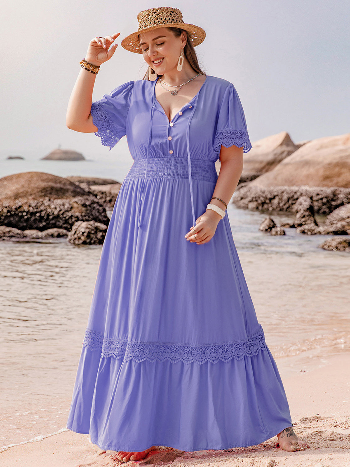 Plus Size Lace Detail Tie Neck Short Sleeve Maxi Dress-Street 360-Lavender-0XL-Urbanheer