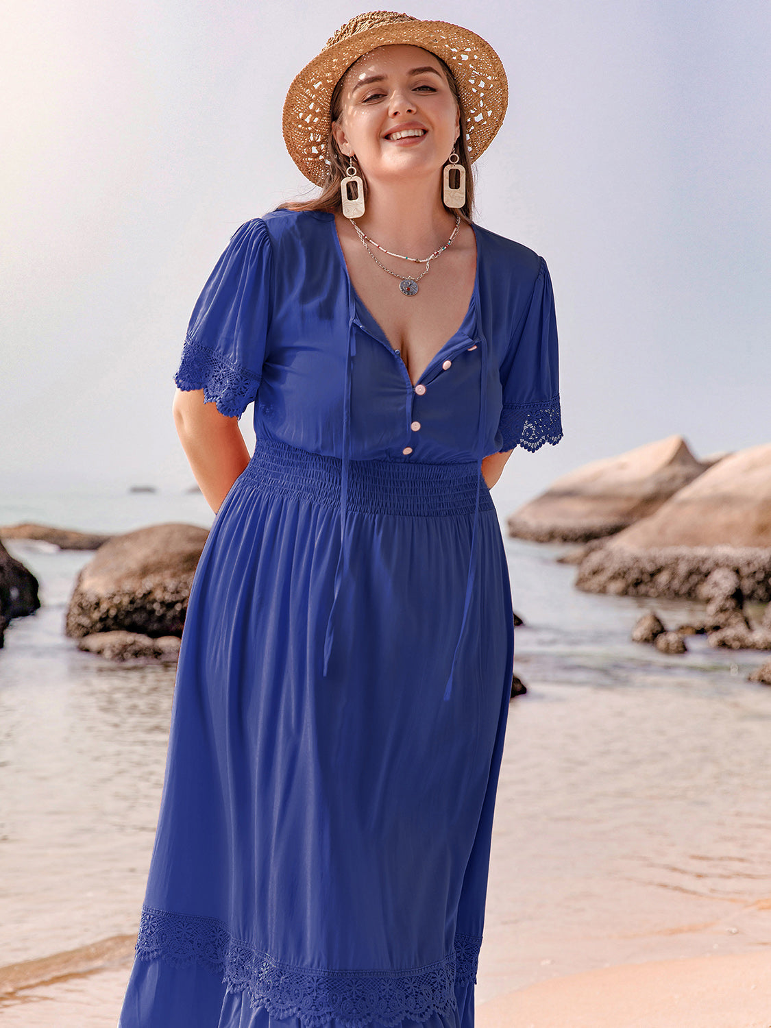 Plus Size Lace Detail Tie Neck Short Sleeve Maxi Dress-Street 360-Dark Blue-0XL-Urbanheer