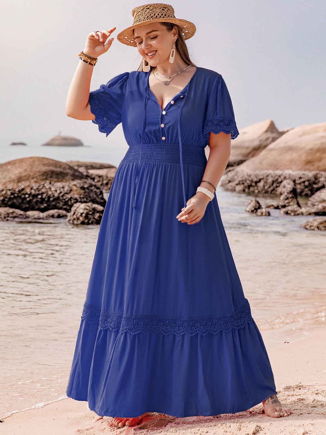 Plus Size Lace Detail Tie Neck Short Sleeve Maxi Dress-Street 360-Dark Blue-0XL-Urbanheer