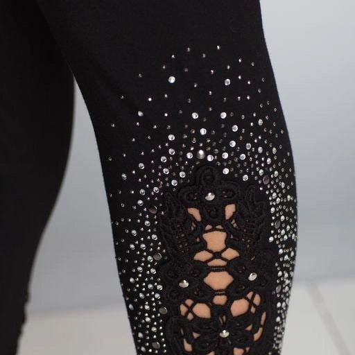 Plus Size Leggings With Lace And Rhinestone-Leggings-VOCAL-1X-Black-Urbanheer