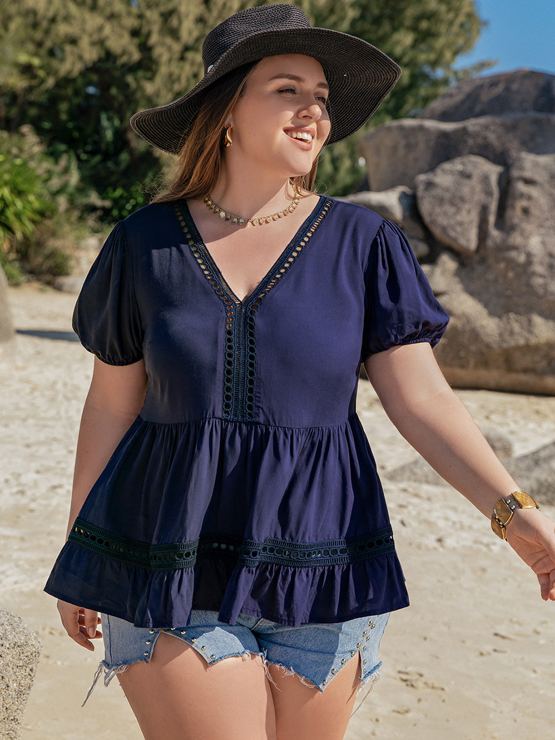 Plus Size Peplum V-Neck Short Sleeve Blouse-Street 360-Dark Blue-0XL-Urbanheer