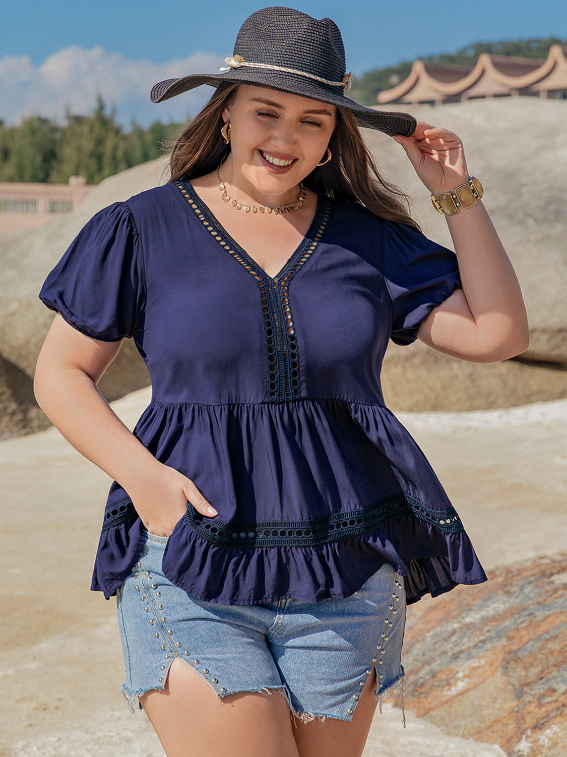Plus Size Peplum V-Neck Short Sleeve Blouse-Street 360-Dark Blue-0XL-Urbanheer