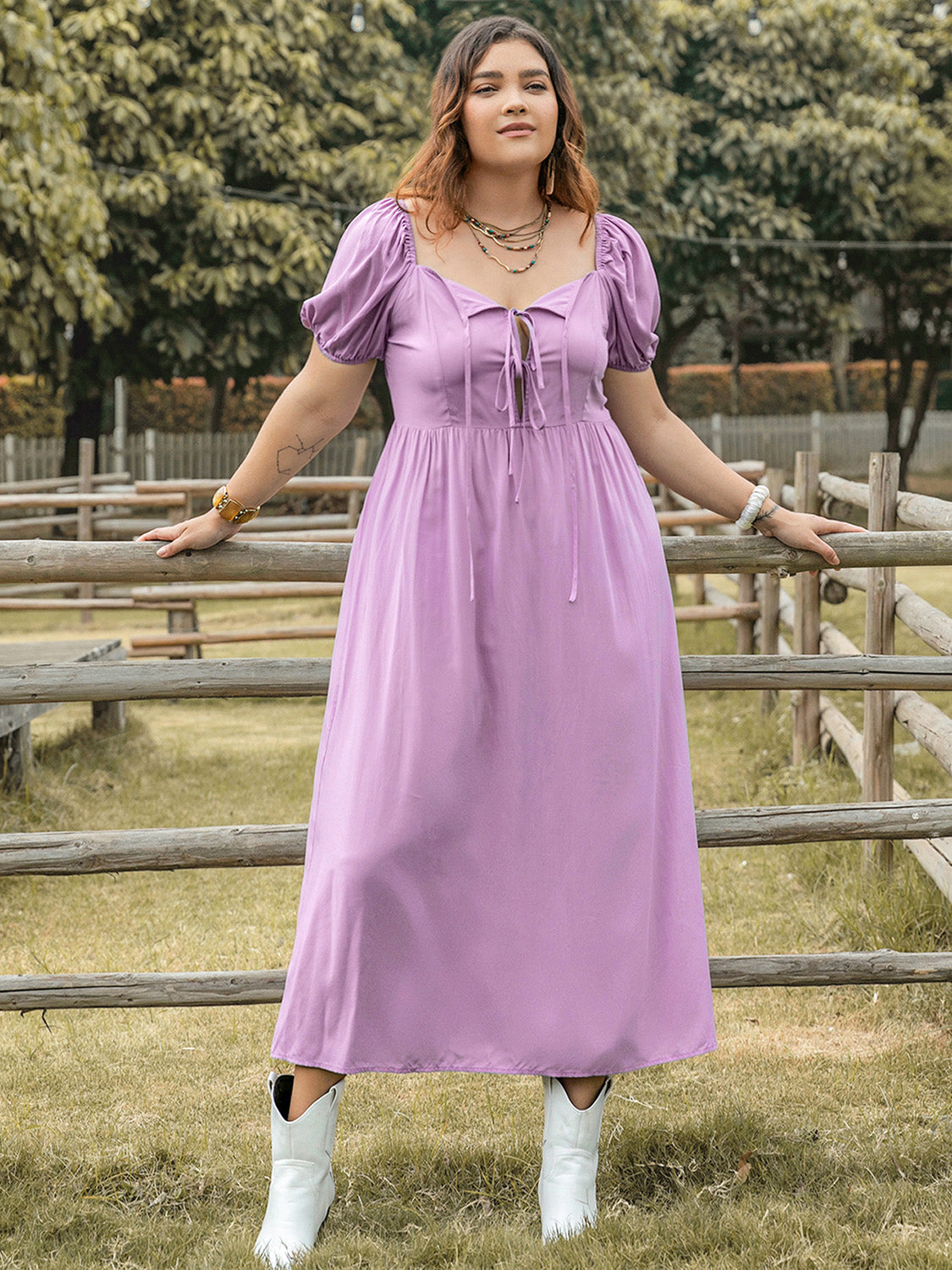 Plus Size Tie Neck Short Sleeve Dress-Street 360-Pink Purple-0XL-Urbanheer