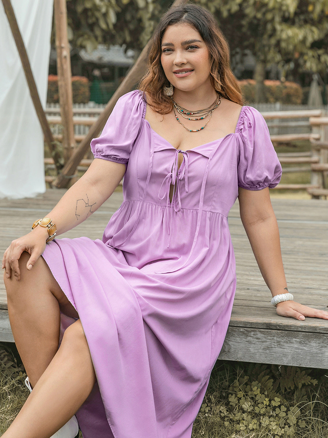 Plus Size Tie Neck Short Sleeve Dress-Street 360-Pink Purple-0XL-Urbanheer