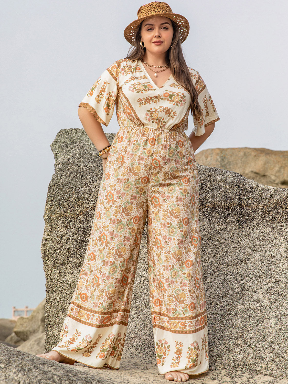 Plus Size V-Neck Flutter Sleeve Wide Leg Jumpsuit-Street 360-Apricot-0XL-Urbanheer