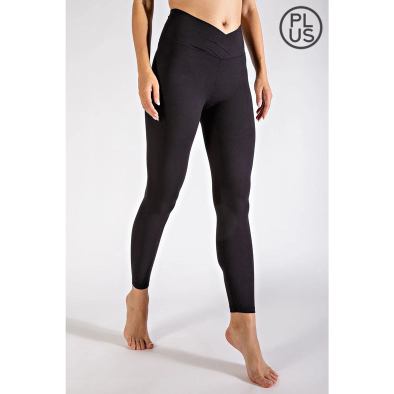 Plus Size V Waist Full Length Leggings Black-Leggings-Rae Mode-1X-Urbanheer