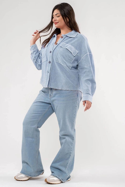 Plus Vintage Washed Patchwork Shacket-Jacket-Blu Pepper-1X-Jacket-Urbanheer