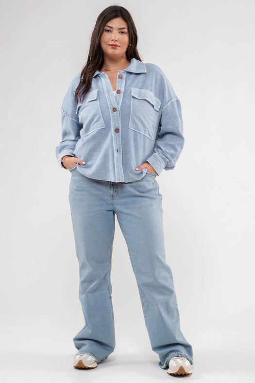 Plus Vintage Washed Patchwork Shacket-Jacket-Blu Pepper-1X-Jacket-Urbanheer