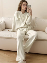 Pocketed Round Neck Button Up Cardigan and Pants Sweater Set-Street 360-White-One Size-Urbanheer