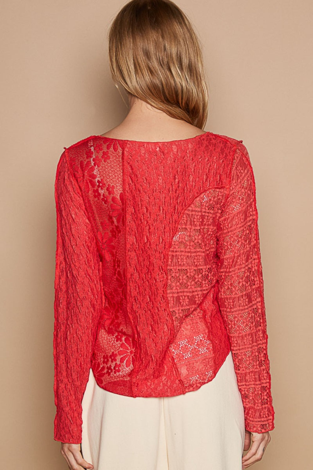 Pol Exposed Seam Long Sleeve Lace Knit Top-POL-Real Red-S-Urbanheer