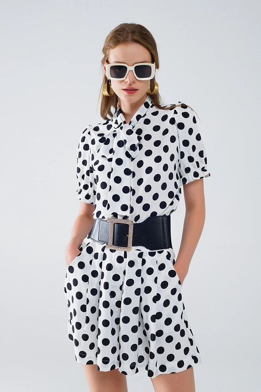 Polka Dot Blouse with Scarf Tie Detail-Blouse-Q2-L-White-Urbanheer