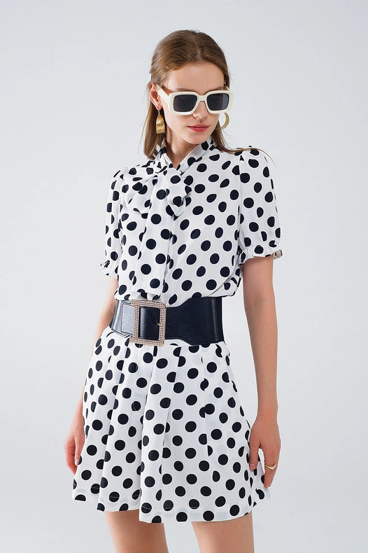 Polka Dot Blouse with Scarf Tie Detail-Blouse-Q2-L-White-Urbanheer