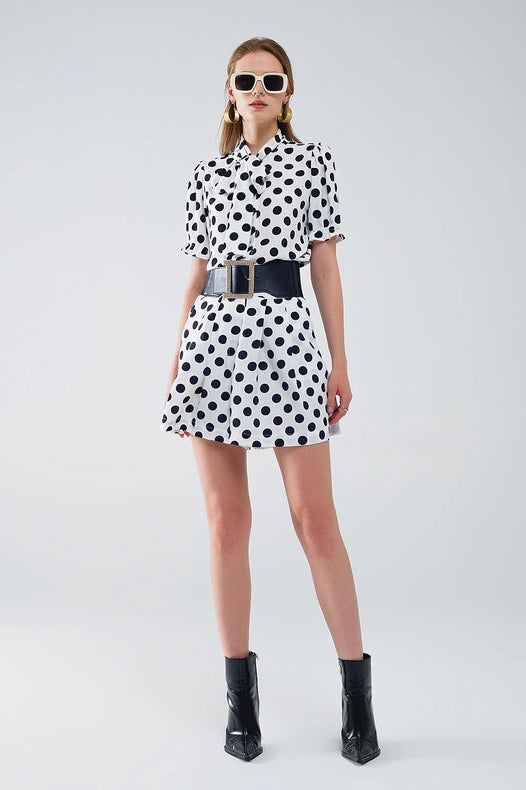 Polka Dot Blouse with Scarf Tie Detail-Blouse-Q2-L-White-Urbanheer