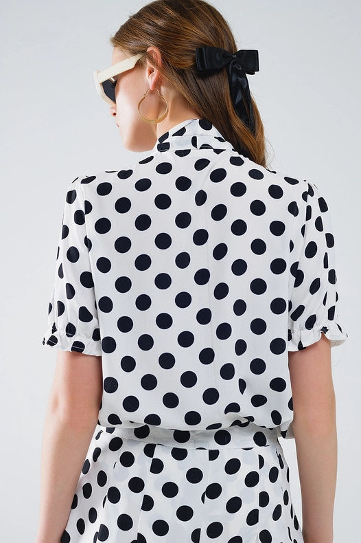 Polka Dot Blouse with Scarf Tie Detail-Blouse-Q2-L-White-Urbanheer