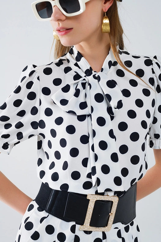 Polka Dot Blouse with Scarf Tie Detail-Blouse-Q2-L-White-Urbanheer