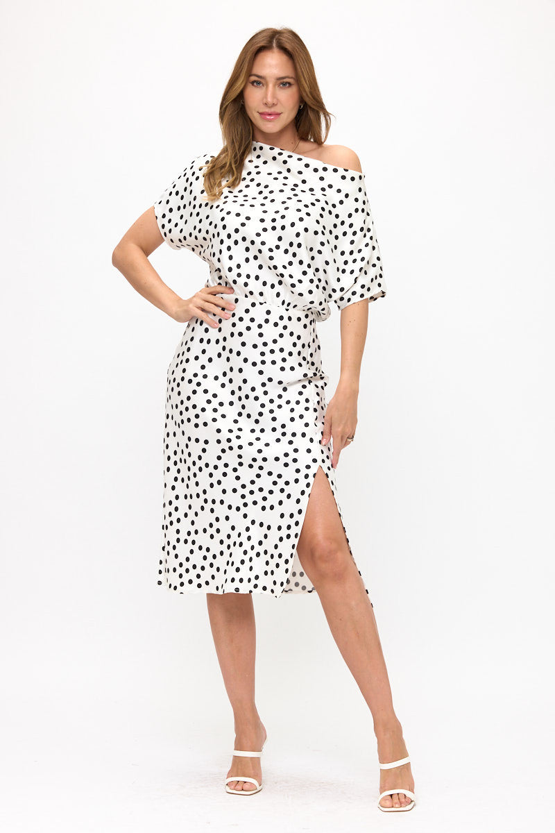 Polka Dot Dress Print With Slit-Dresses-Reneecollection-Small-WHITE/BLACK-Urbanheer
