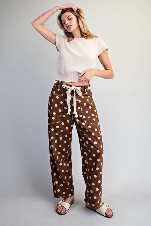 Polka Dot Front Tie Barrel Pants