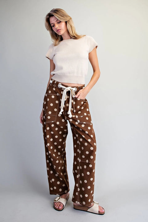 Polka Dot Front Tie Barrel Pants