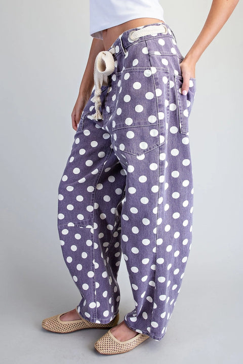Polka Dot Front Tie Barrel Pants