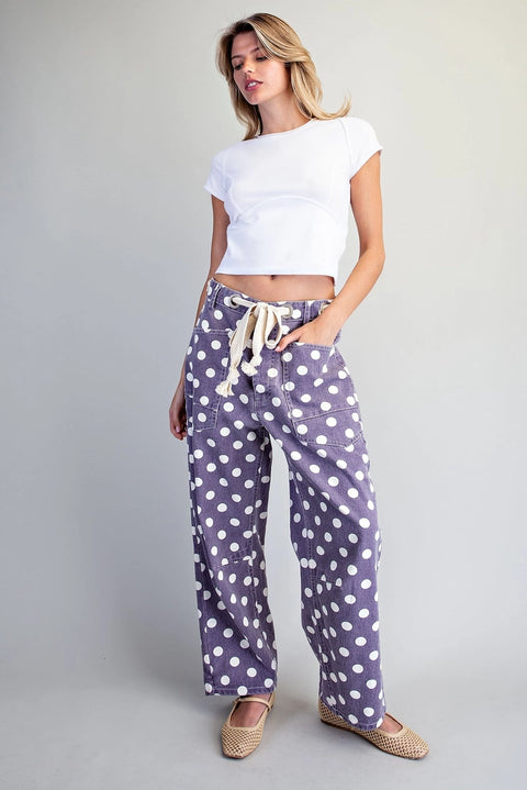 Polka Dot Front Tie Barrel Pants
