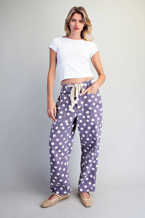 Polka Dot Front Tie Barrel Pants