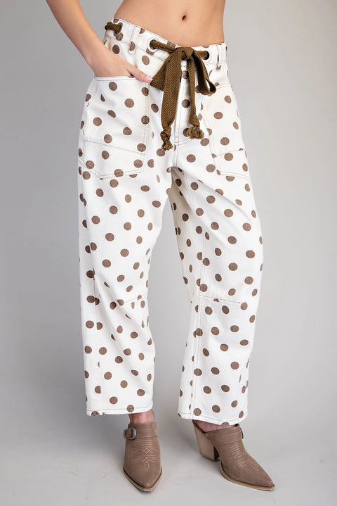 Polka Dot Front Tie Barrel Pants