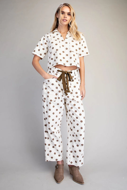 Polka Dot Front Tie Barrel Pants