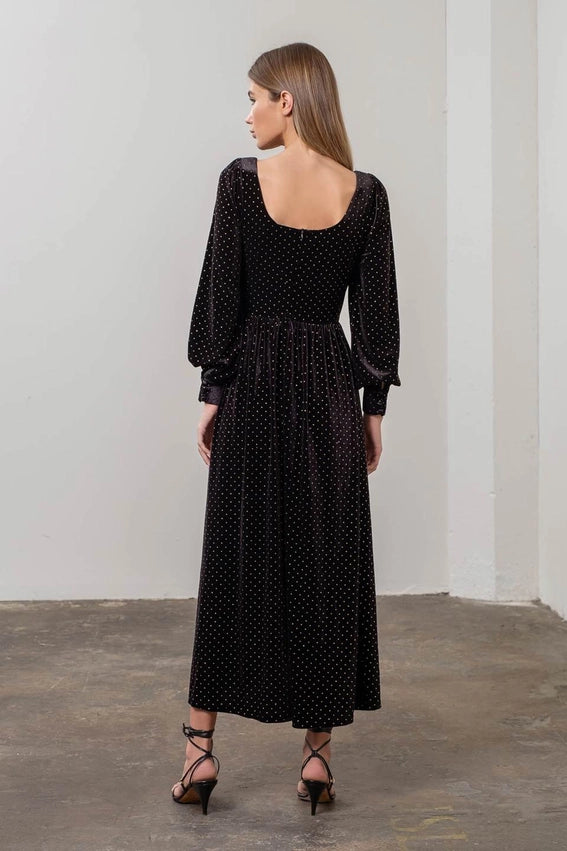 Polka Dot Front Tie Long Sleeve Corset Maxi Dress-Dress-Moon River-XS-BLACK-Urbanheer