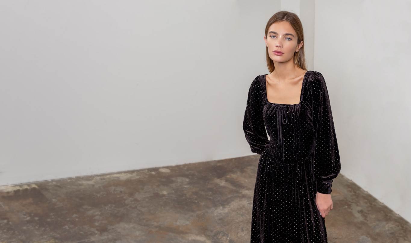 Polka Dot Front Tie Long Sleeve Corset Maxi Dress-Dress-Moon River-XS-BLACK-Urbanheer