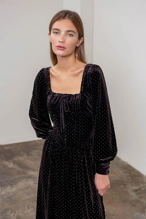 Polka Dot Front Tie Long Sleeve Corset Maxi Dress-Dress-Moon River-XS-BLACK-Urbanheer