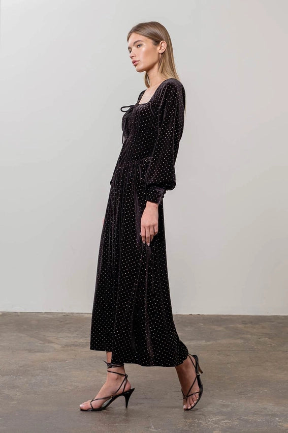 Polka Dot Front Tie Long Sleeve Corset Maxi Dress-Dress-Moon River-XS-BLACK-Urbanheer