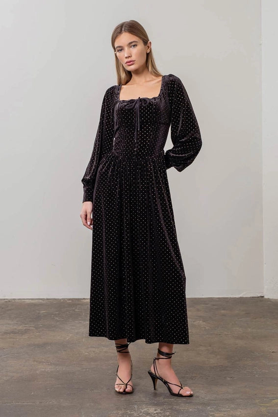 Polka Dot Front Tie Long Sleeve Corset Maxi Dress-Dress-Moon River-XS-BLACK-Urbanheer