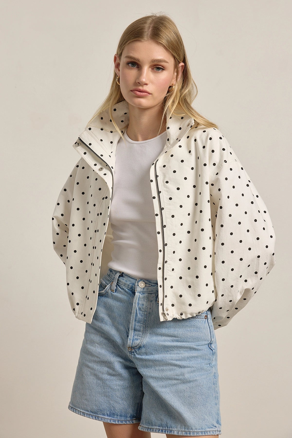 Polka Dot High Neck Drawstring Pullover Jacket