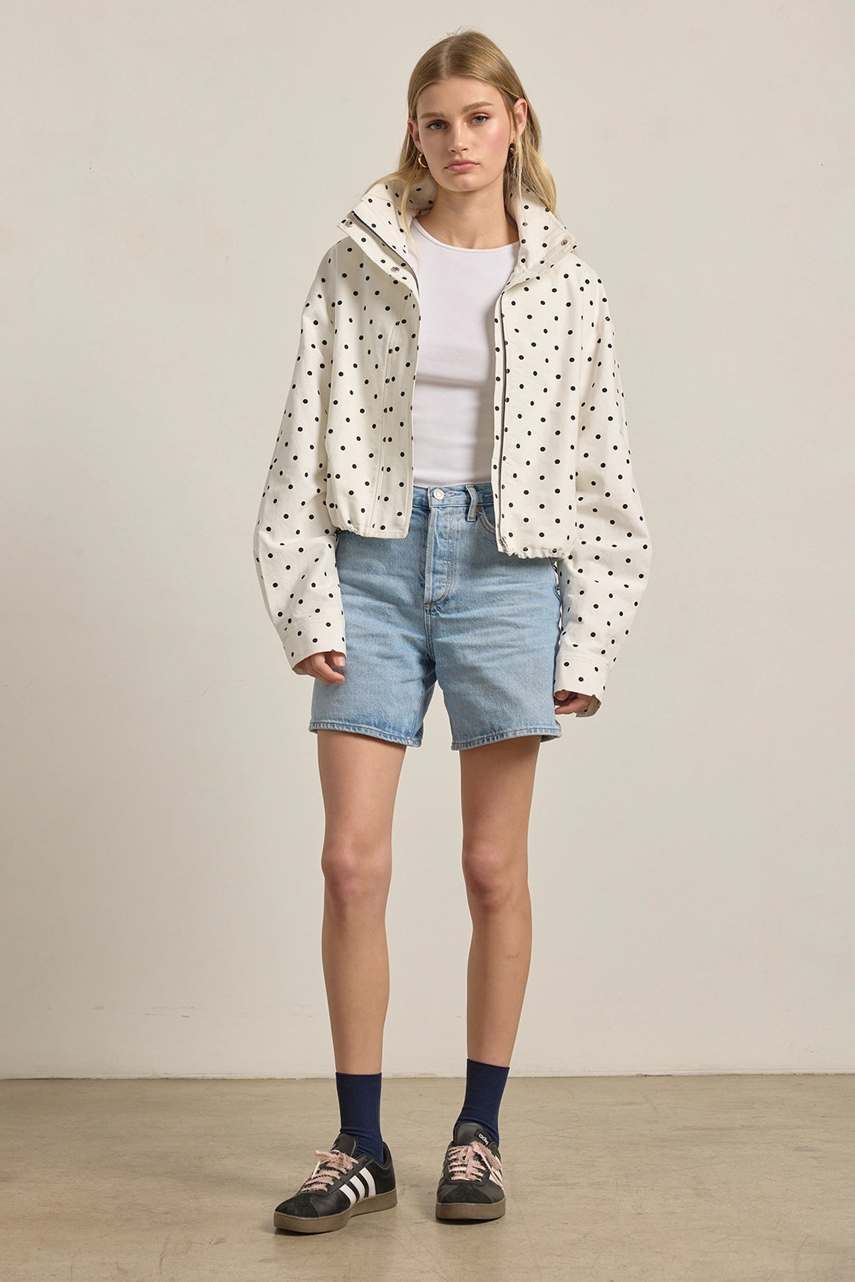 Polka Dot High Neck Drawstring Pullover Jacket