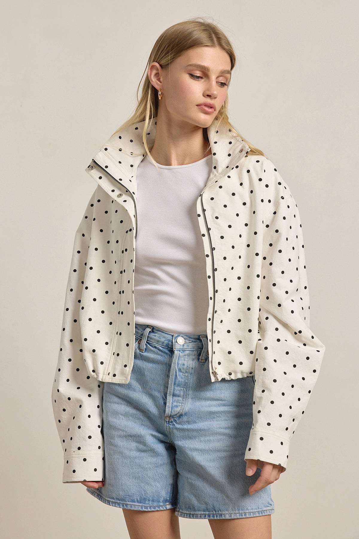 Polka Dot High Neck Drawstring Pullover Jacket